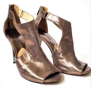 Michael Kors Bronze Metallic Snakeskin Leather Bootie Heels Open Toe Zip Back 8M